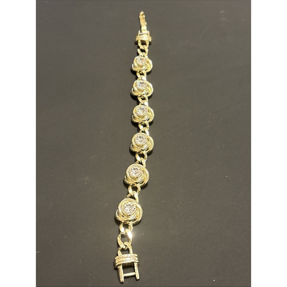 Gold Tone Swirl Link Bracelet Clear Rhinestone Circular Spiral Motif 8"